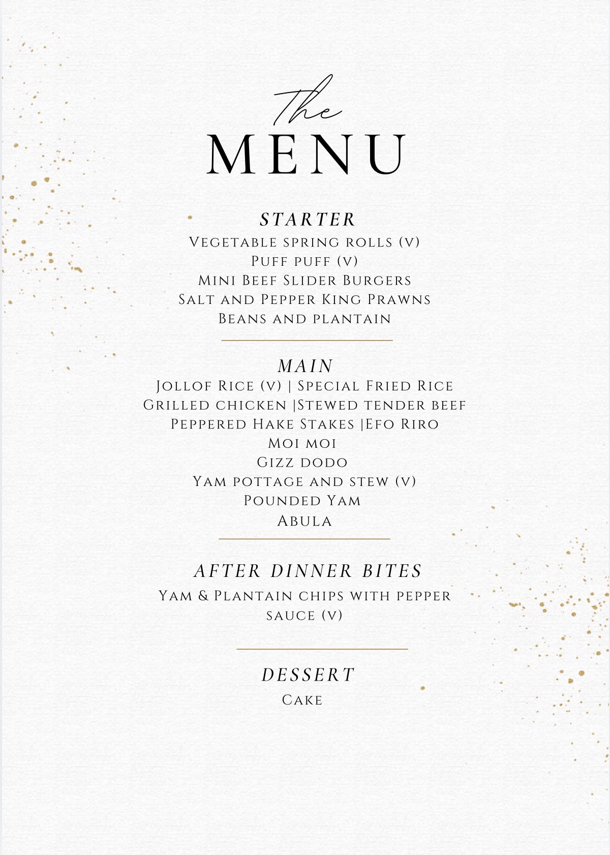 Anj and Solomon wedding food menu